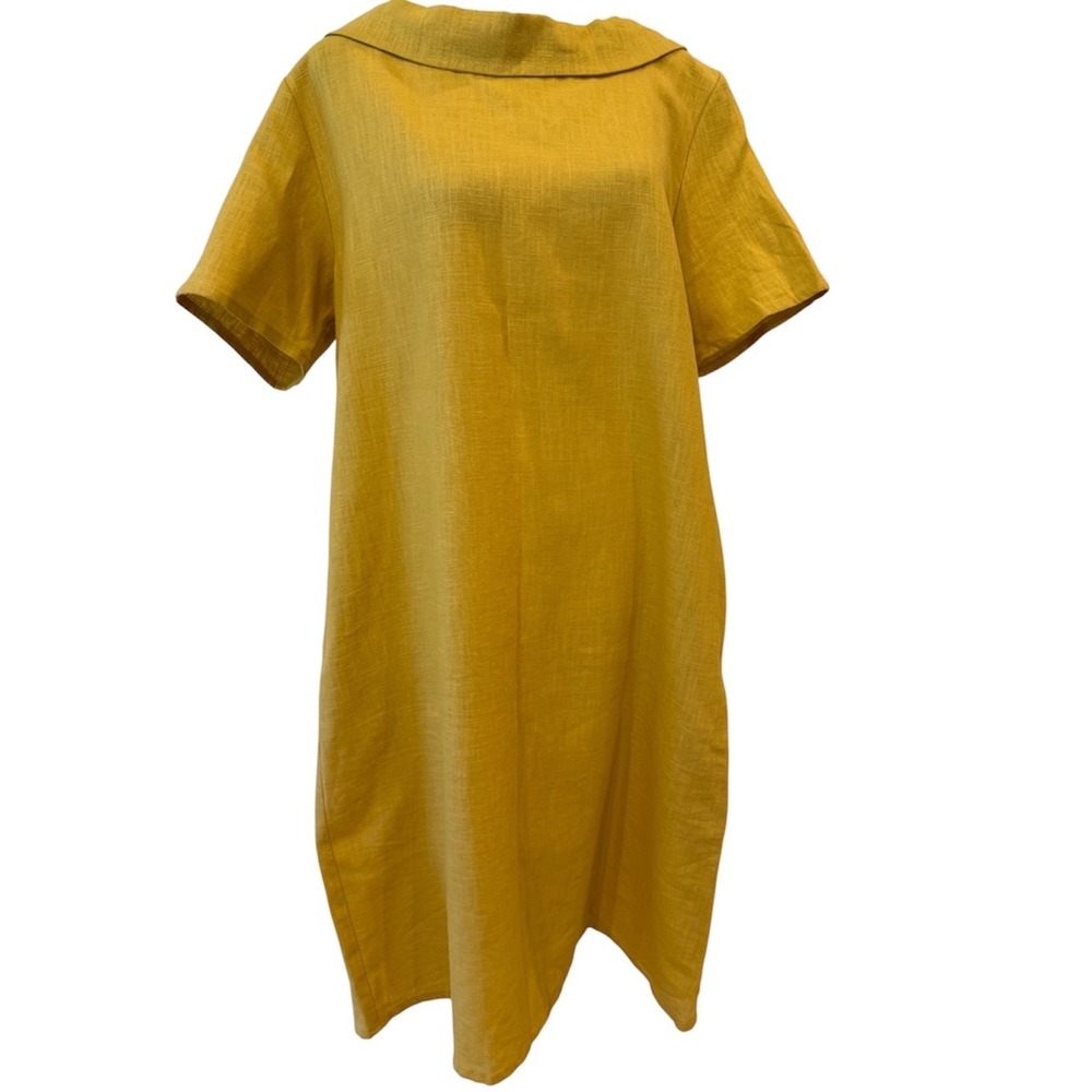 ⁠LeMuse Lithuania Mustard Yellow Linen Cotton Roll Collar Shift Midi Dress M